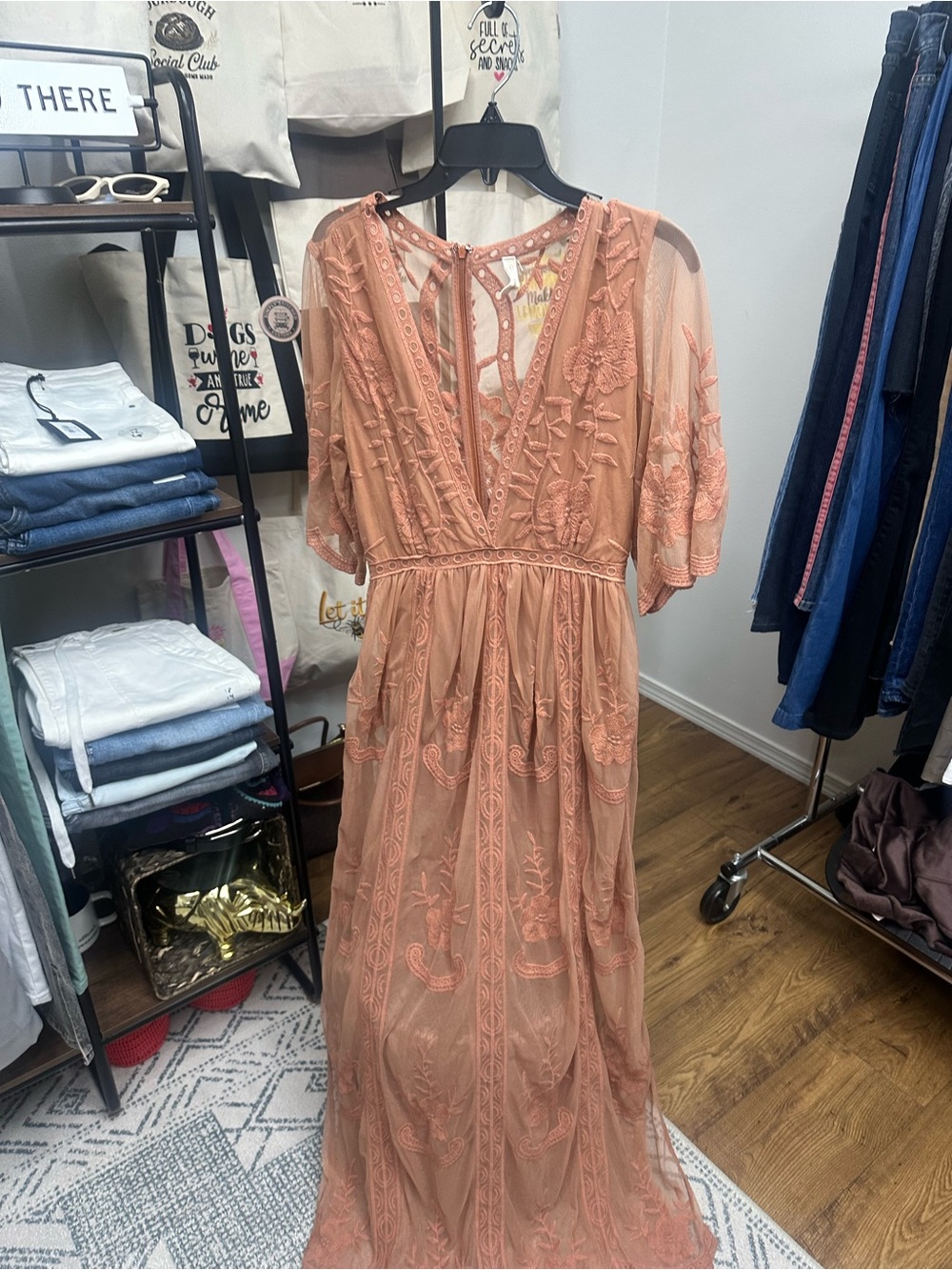 Wishlist Peach Lace-Embroidered V-Neck Maxi Dress